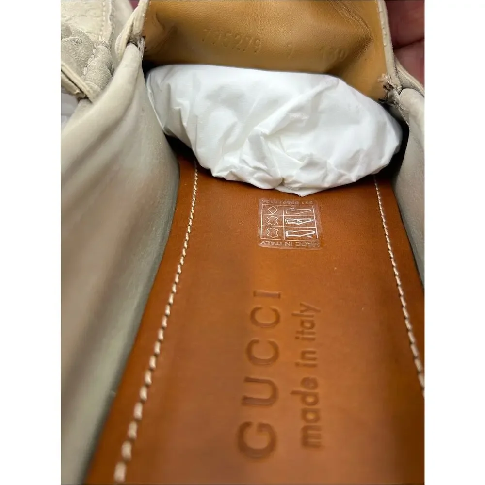 Men's Gucci suede oatmeal horse bit driver loafers size 9 fits 9.5US